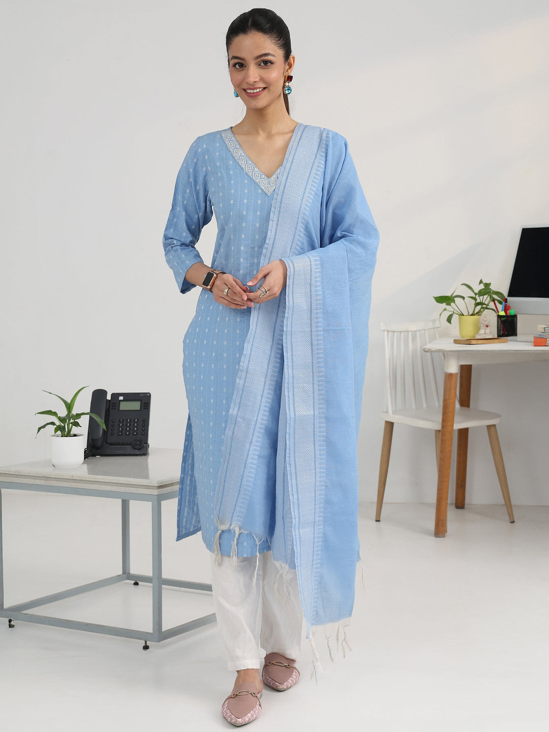Blue Ethnic Motif Woven Design Cotton Blend Straight Suit Set With Dupatta