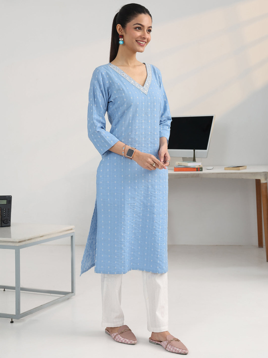 Blue Ethnic Motif Woven Design Cotton Blend Straight Suit Set With Dupatta
