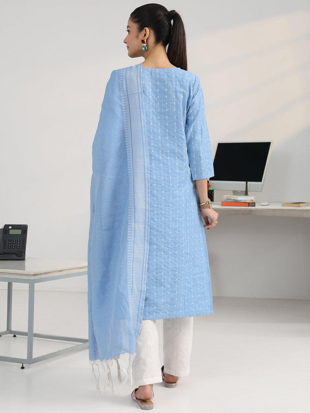 Blue Ethnic Motif Woven Design Cotton Blend Straight Suit Set With Dupatta