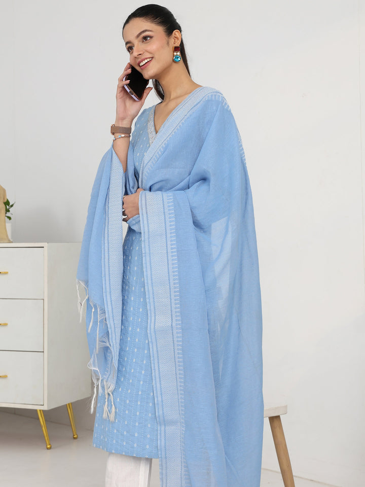 Blue Ethnic Motif Woven Design Cotton Blend Straight Suit Set With Dupatta