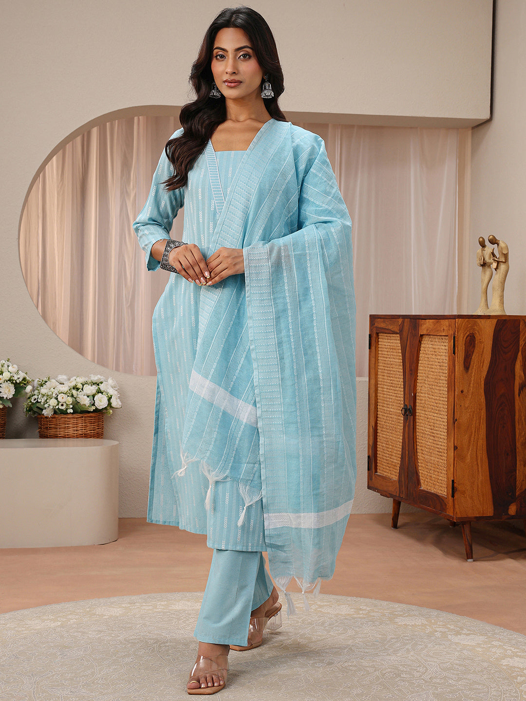 Gerua Blue Striped Woven Design Cotton Blend Straight Suit Set