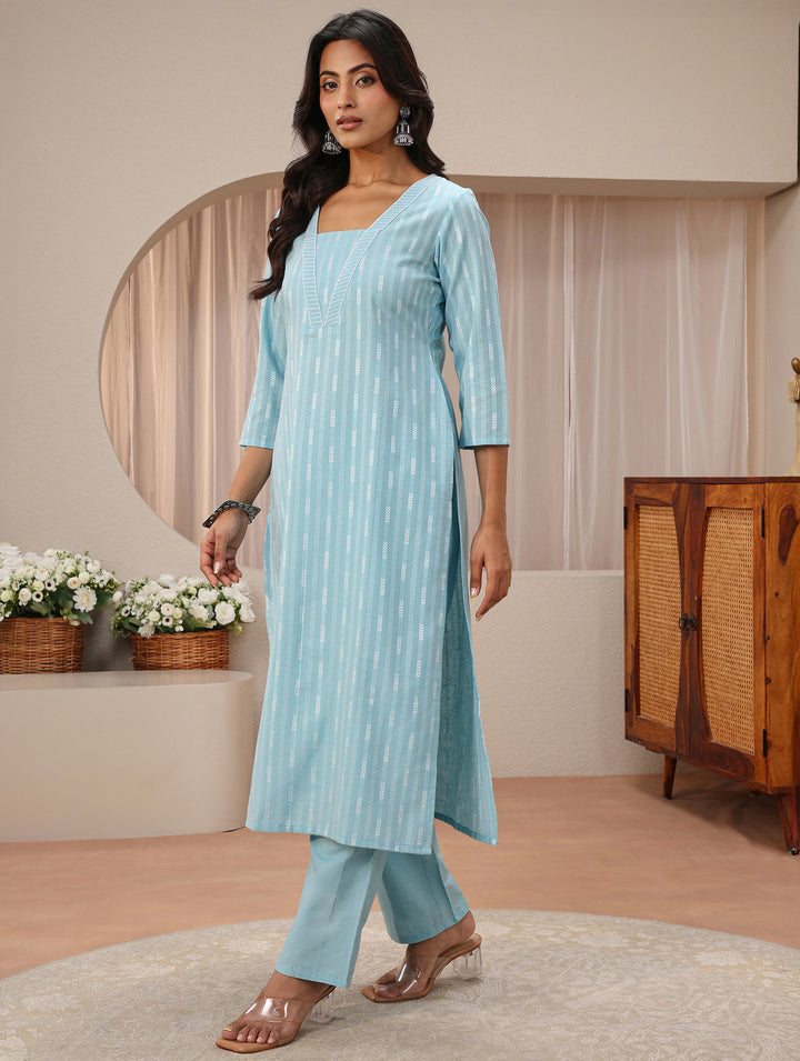 Blue Striped Woven Design Cotton Blend Straight Suit Set