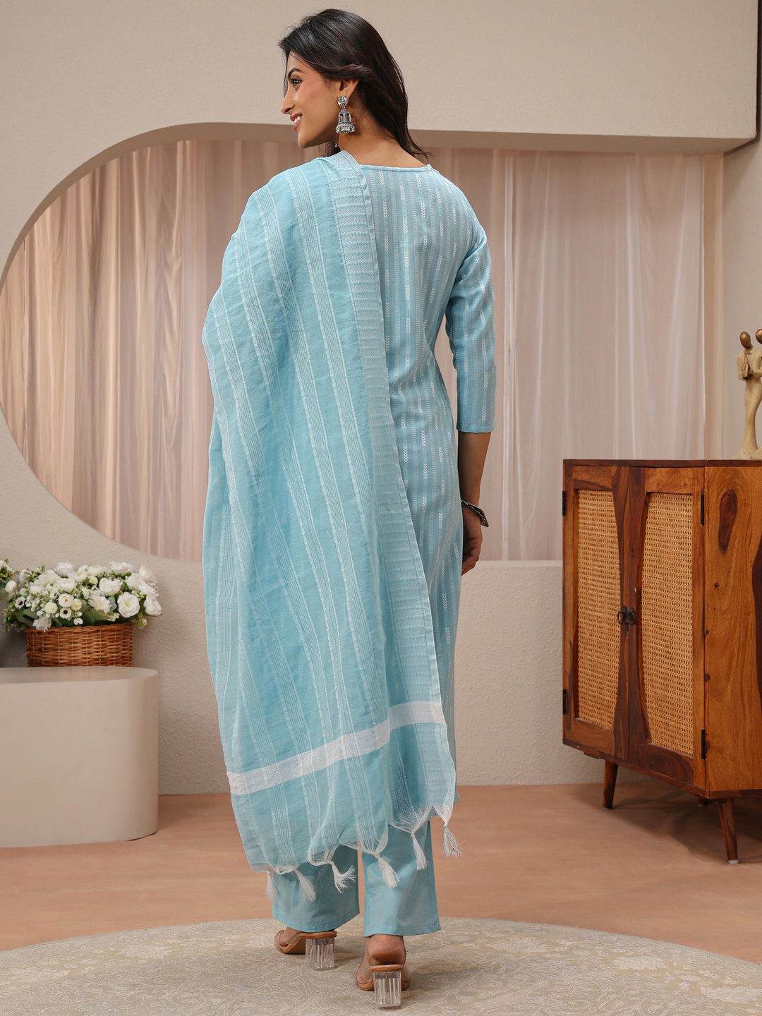 Blue Striped Woven Design Cotton Blend Straight Suit Set