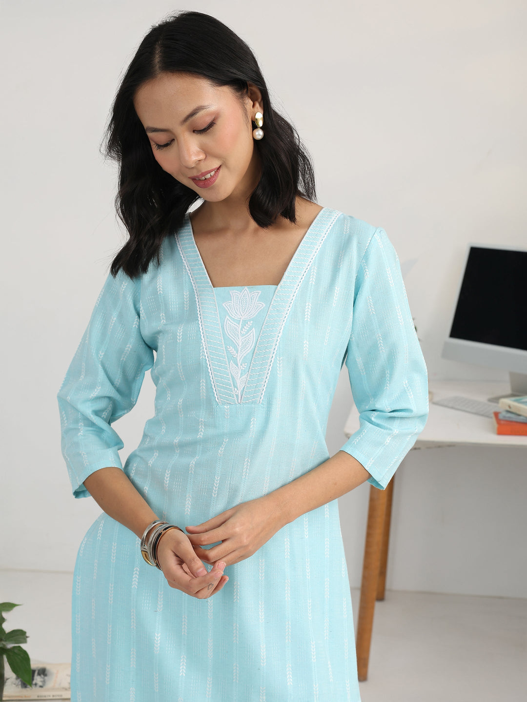 Blue Striped Woven Design Cotton Blend Straight Suit Set With Dupatta