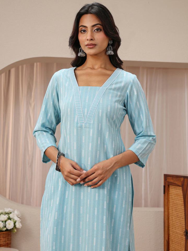Blue Striped Woven Design Cotton Blend Straight Suit Set