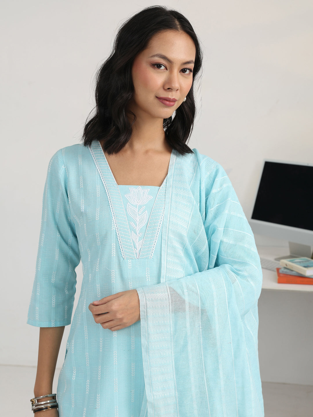 Blue Striped Woven Design Cotton Blend Straight Suit Set With Dupatta