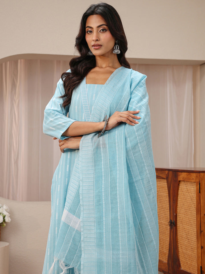 Blue Striped Woven Design Cotton Blend Straight Suit Set