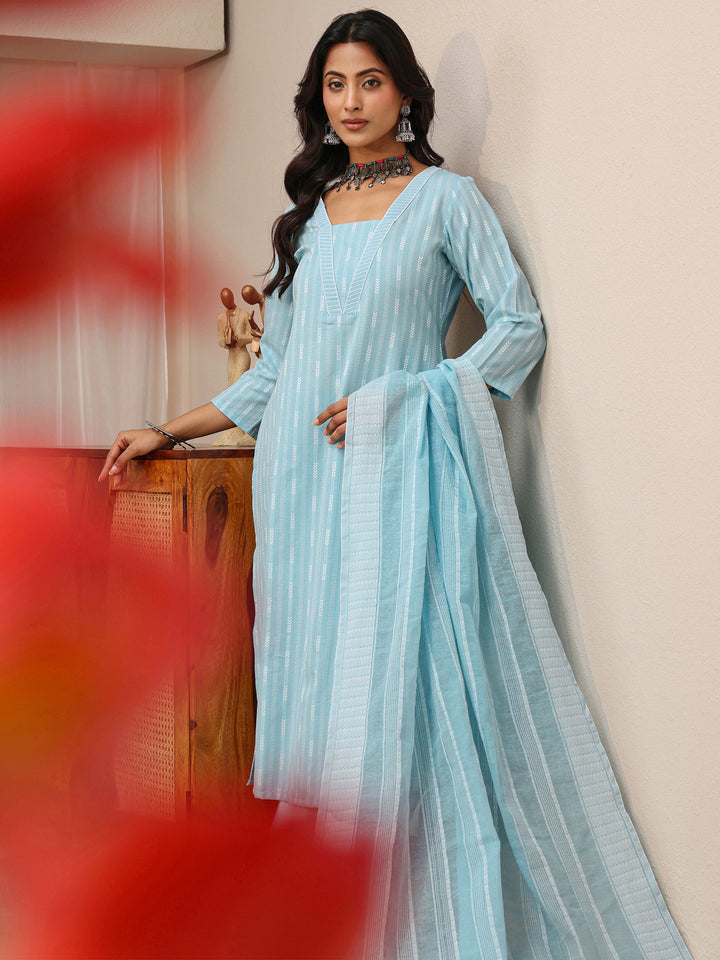 Blue Striped Woven Design Cotton Blend Straight Suit Set