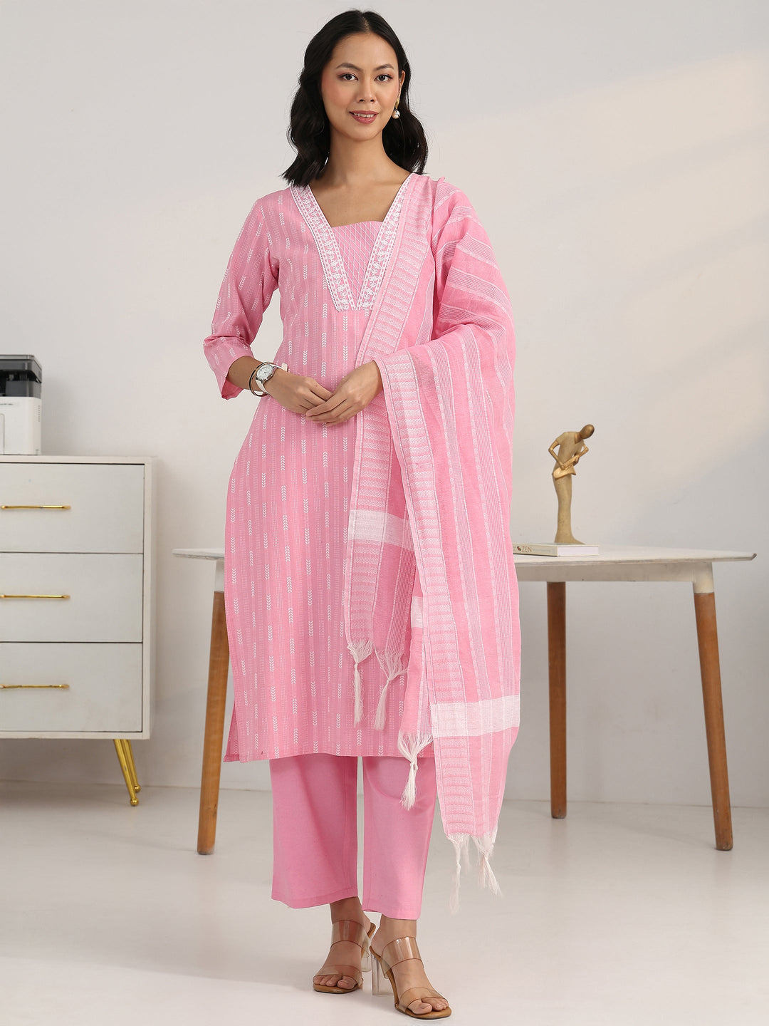 Pink Striped Woven Design Cotton Blend Straight Suit Set With Dupatta