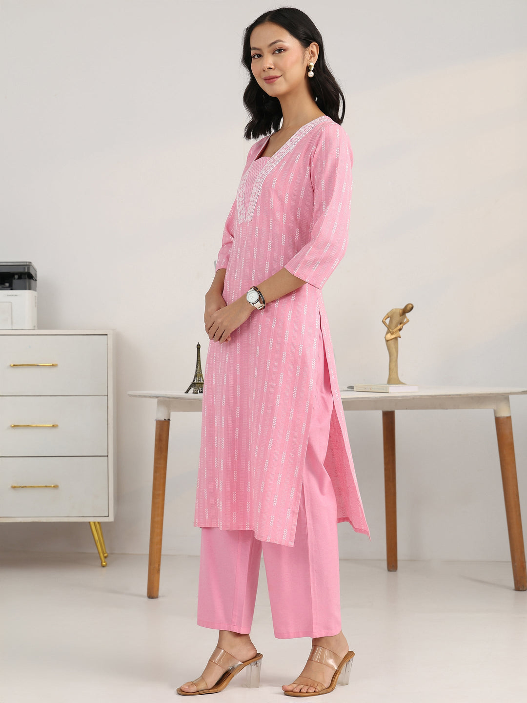Pink Striped Woven Design Cotton Blend Straight Suit Set With Dupatta