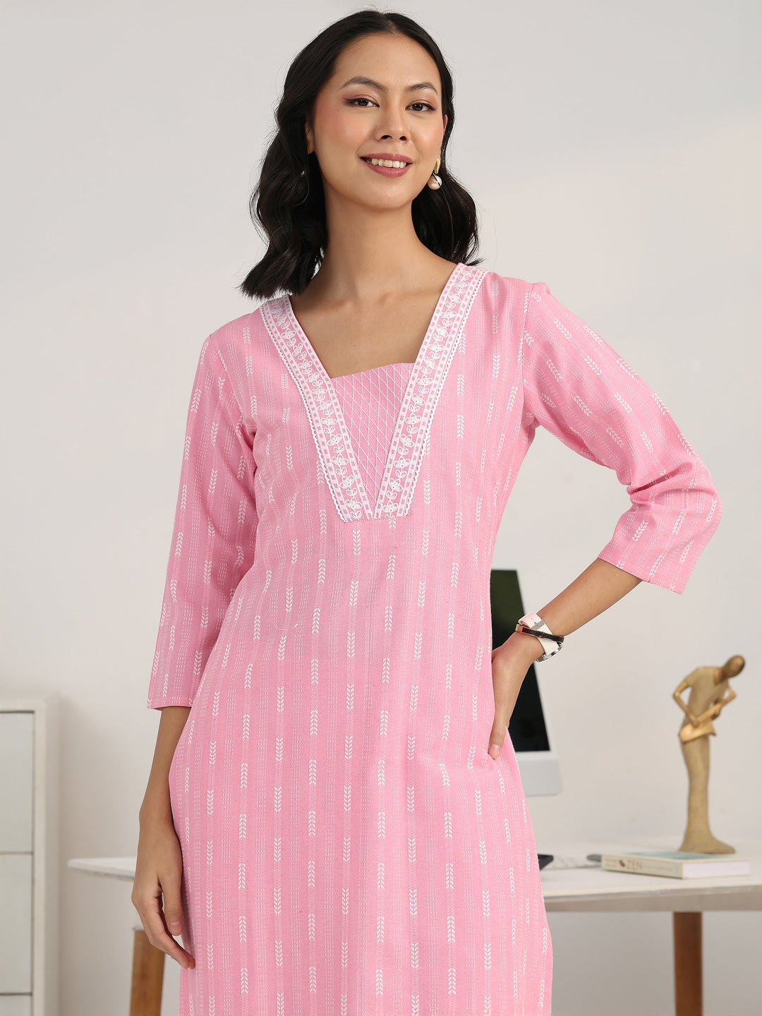 Pink Striped Woven Design Cotton Blend Straight Suit Set With Dupatta