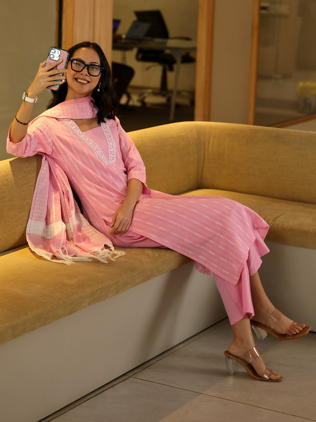Pink Striped Woven Design Cotton Blend Straight Suit Set With Dupatta