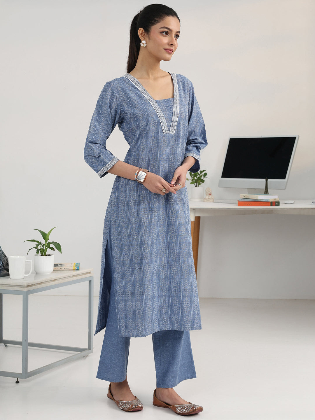 Blue Ethnic Motif Woven Design Cotton Blend Straight Suit Set With Dupatta