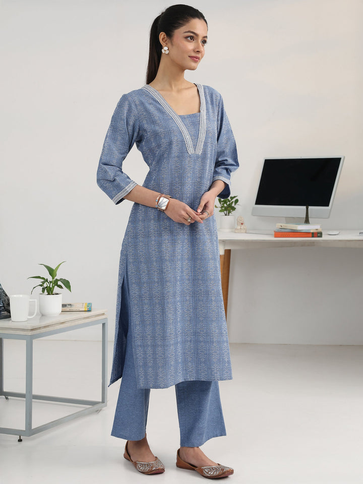 Blue Ethnic Motif Woven Design Cotton Blend Straight Suit Set With Dupatta