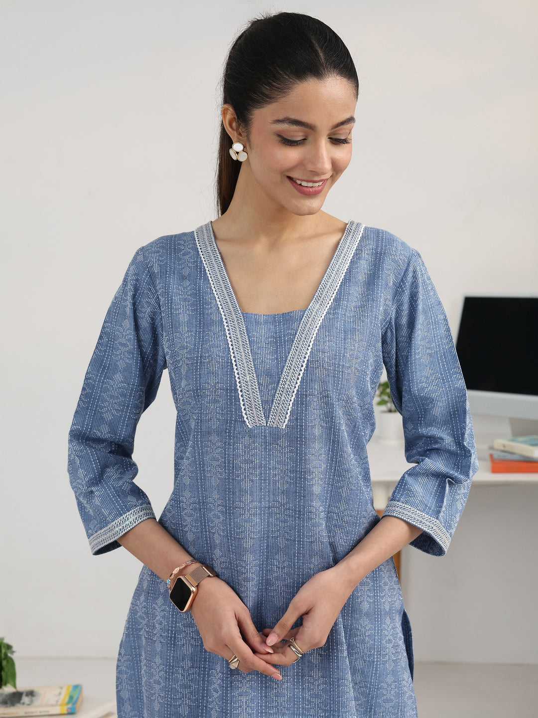 Blue Ethnic Motif Woven Design Cotton Blend Straight Suit Set With Dupatta