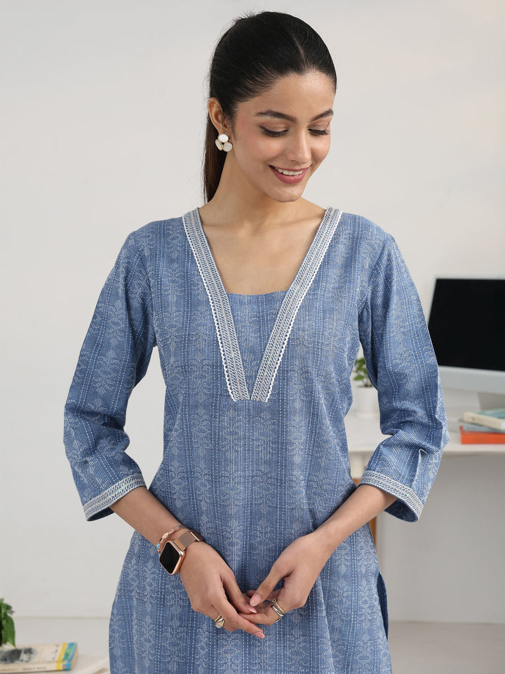 Blue Ethnic Motif Woven Design Cotton Blend Straight Suit Set With Dupatta
