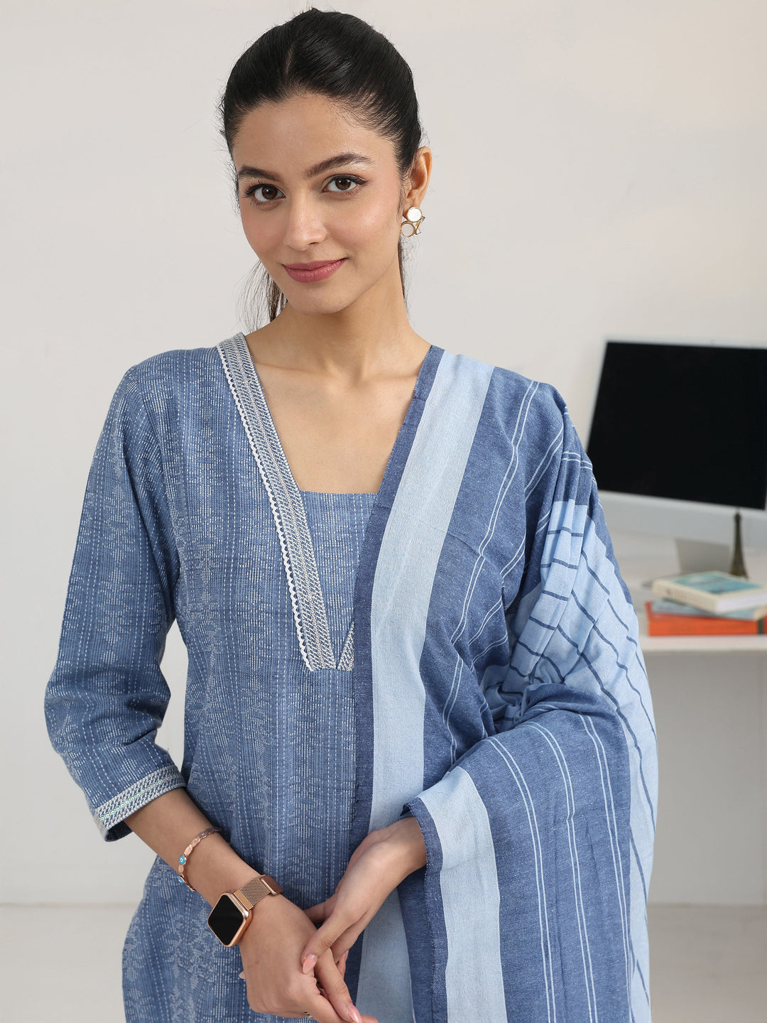 Blue Ethnic Motif Woven Design Cotton Blend Straight Suit Set With Dupatta