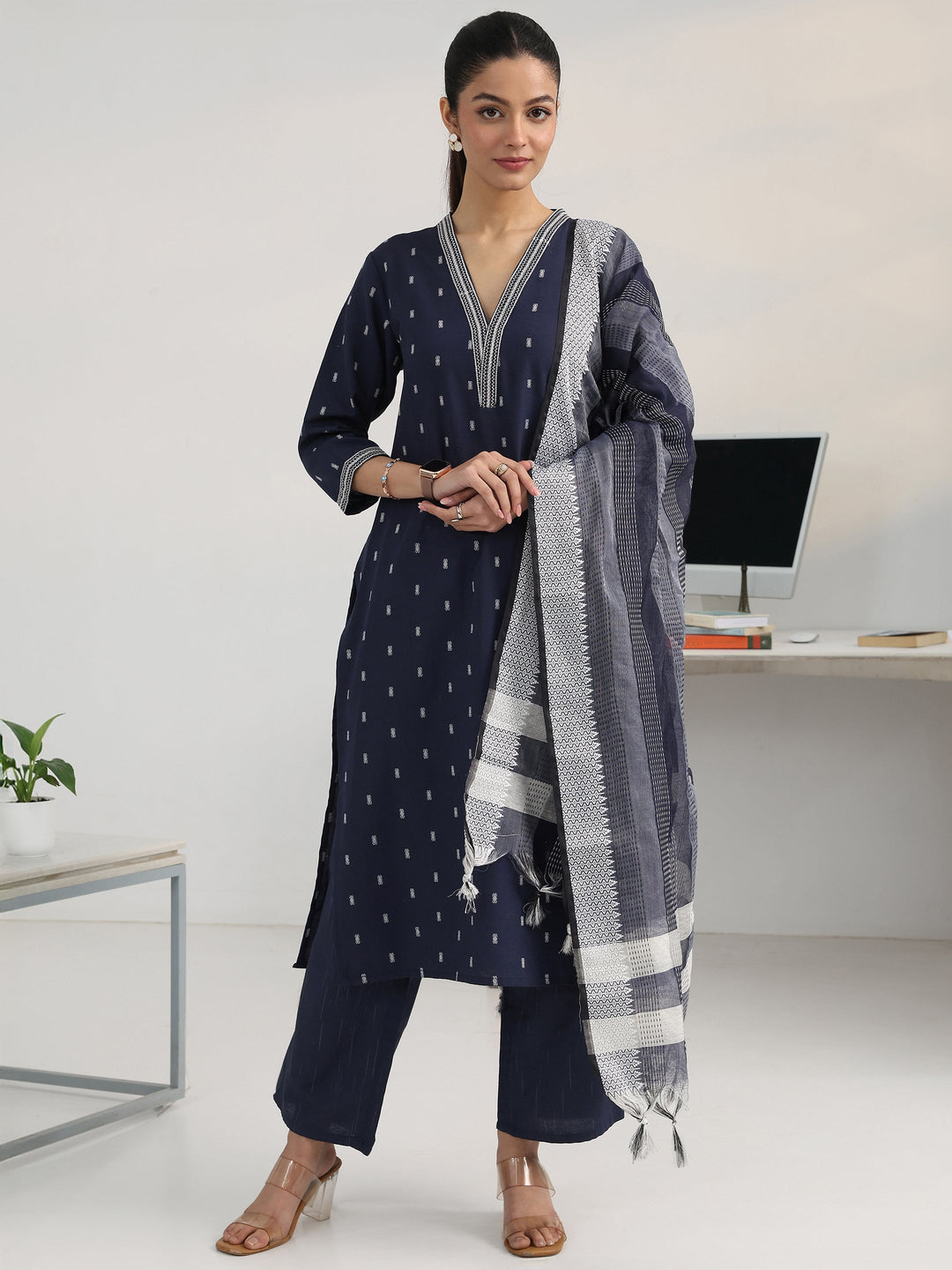 Navy Blue Woven Design Cotton Blend Straight Suit Set With Dupatta