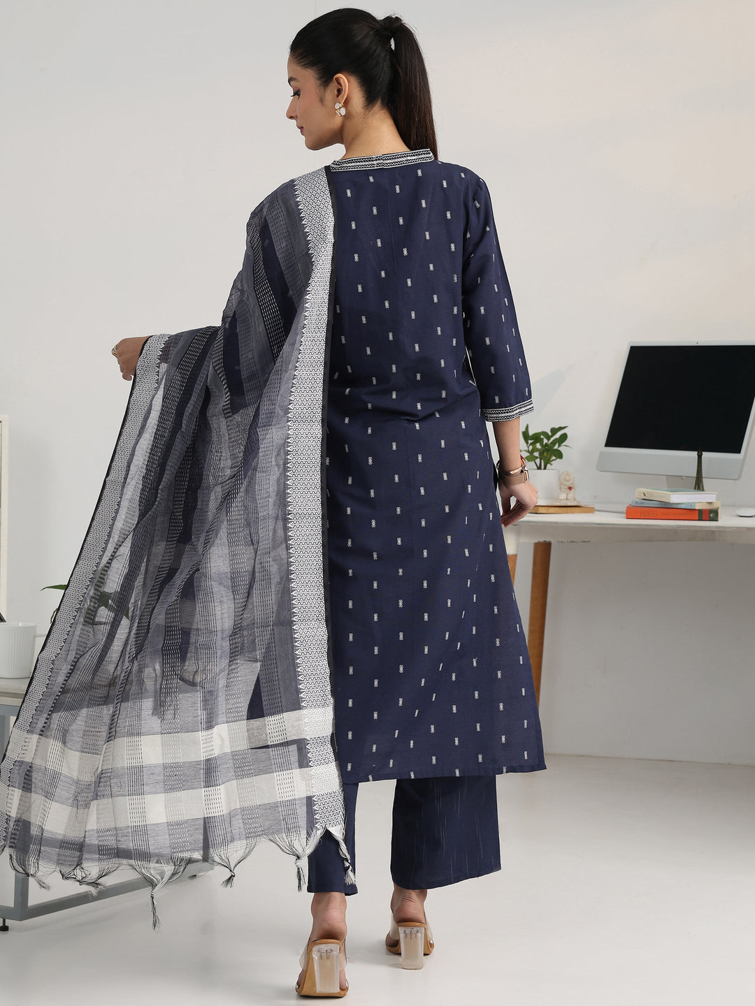 Navy Blue Woven Design Cotton Blend Straight Suit Set With Dupatta