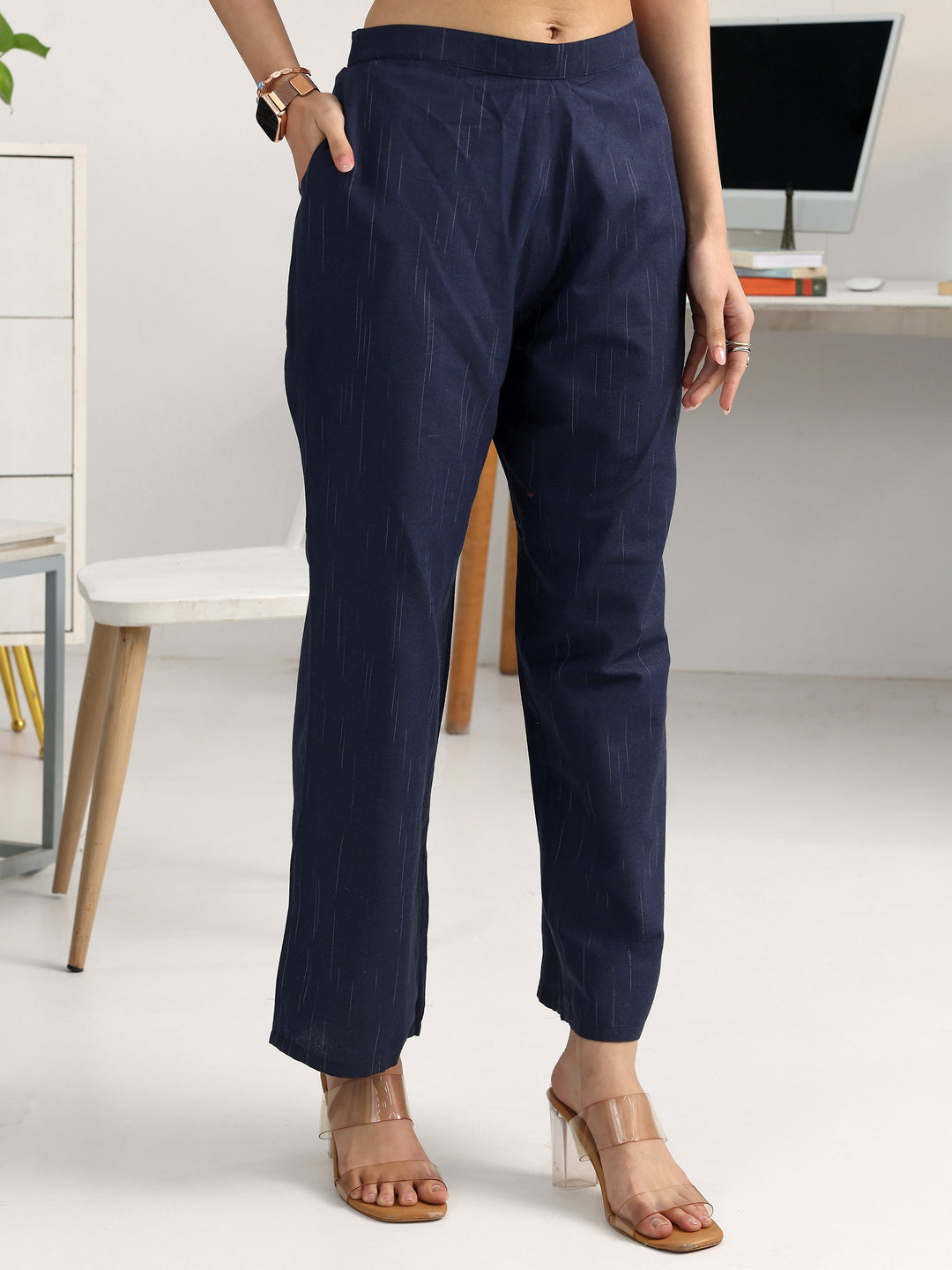 Navy Blue Woven Design Cotton Blend Straight Suit Set With Dupatta