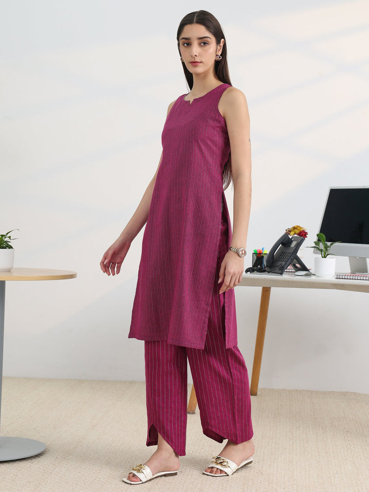 Burgundy Woven Design Cotton Blend Straight Kurta Set