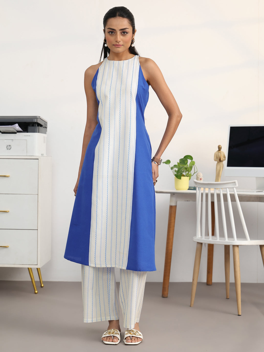 White Striped Woven Design Cotton Blend A-Line Kurta Set