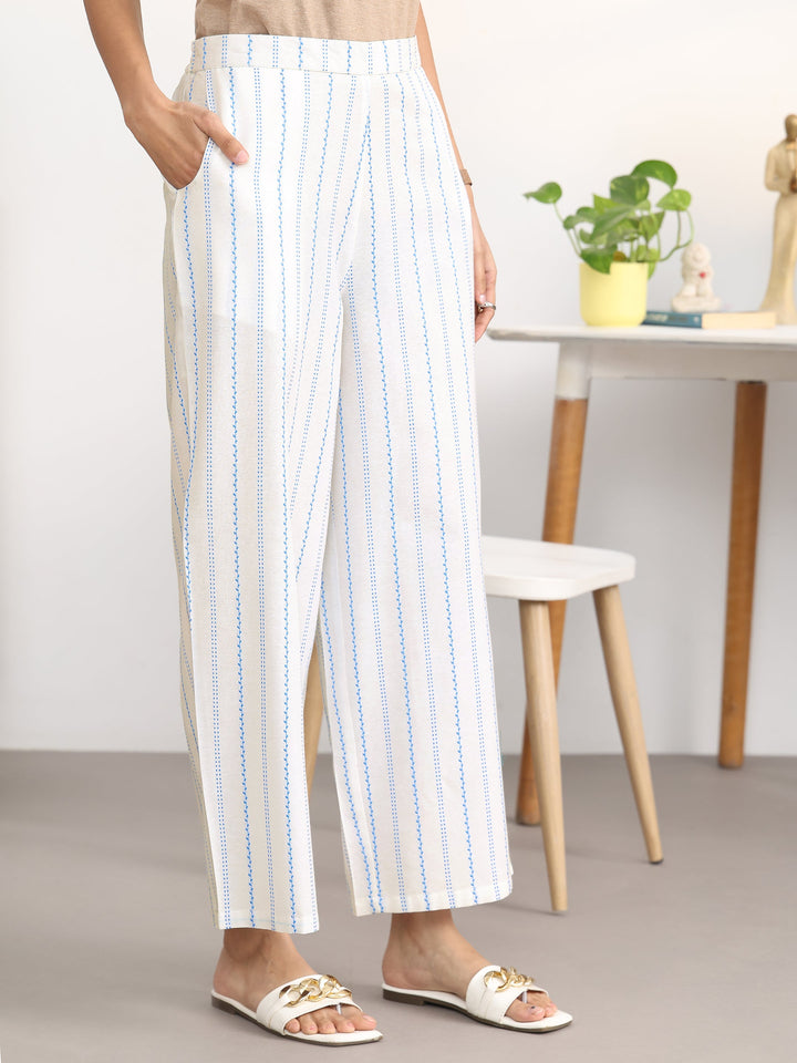 White Striped Woven Design Cotton Blend A-Line Kurta Set