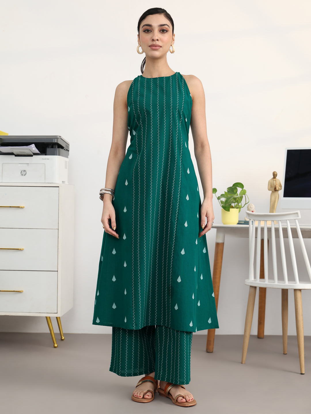 Teal Striped Woven Design Cotton Blend A-Line Kurta Set