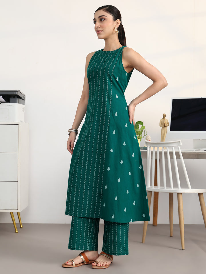 Teal Striped Woven Design Cotton Blend A-Line Kurta Set