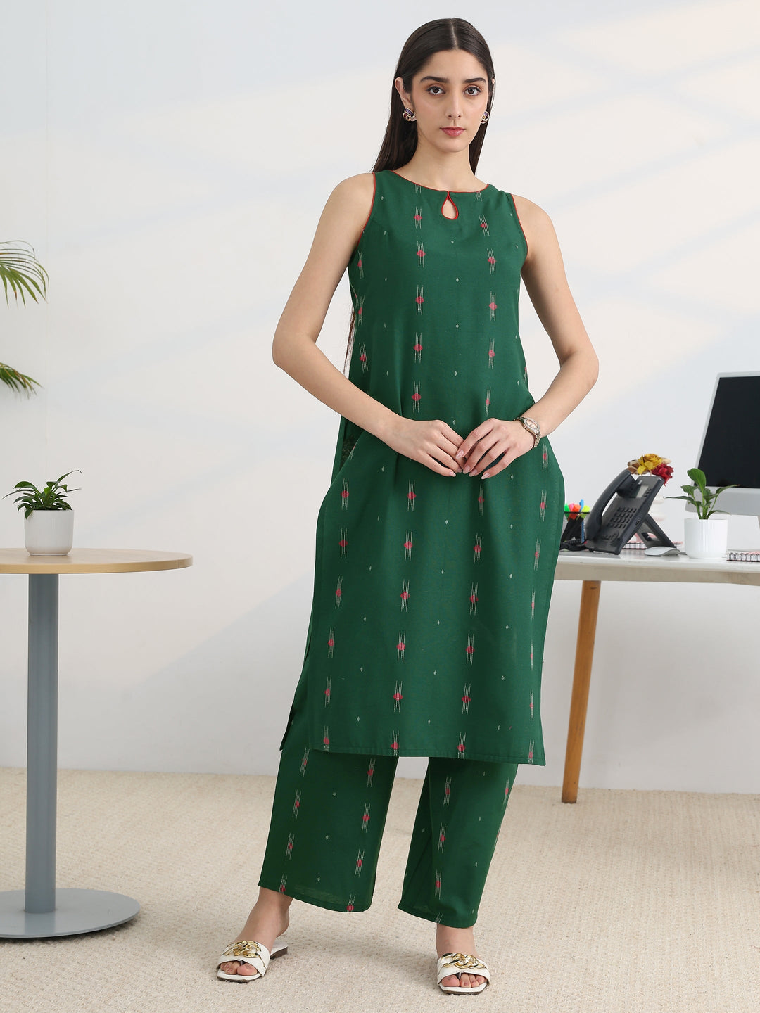 Green Woven Design Cotton Blend Straight Kurta Set