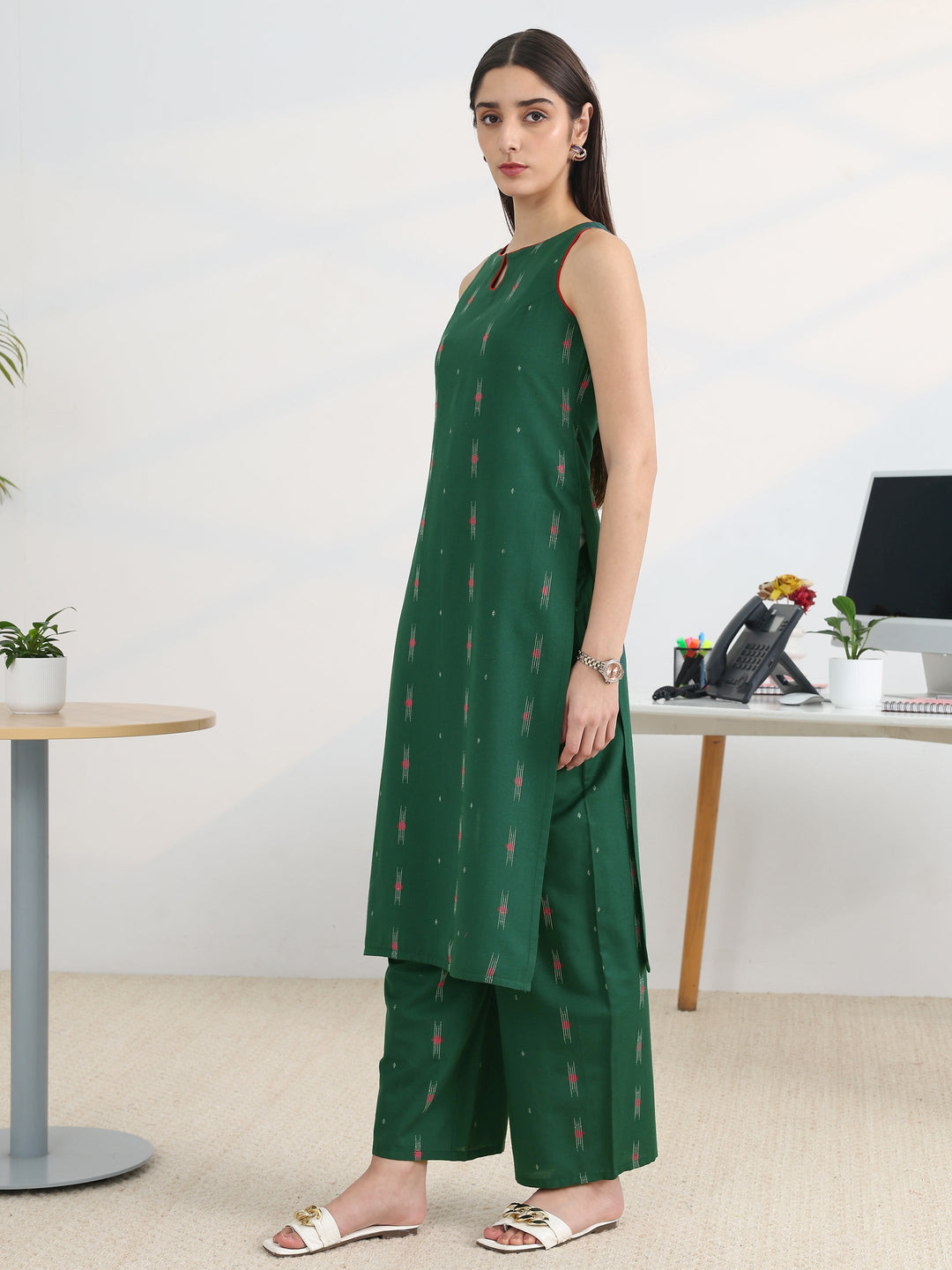 Green Woven Design Cotton Blend Straight Kurta Set
