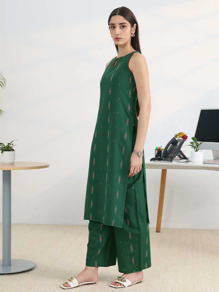 Green Woven Design Cotton Blend Straight Kurta Set