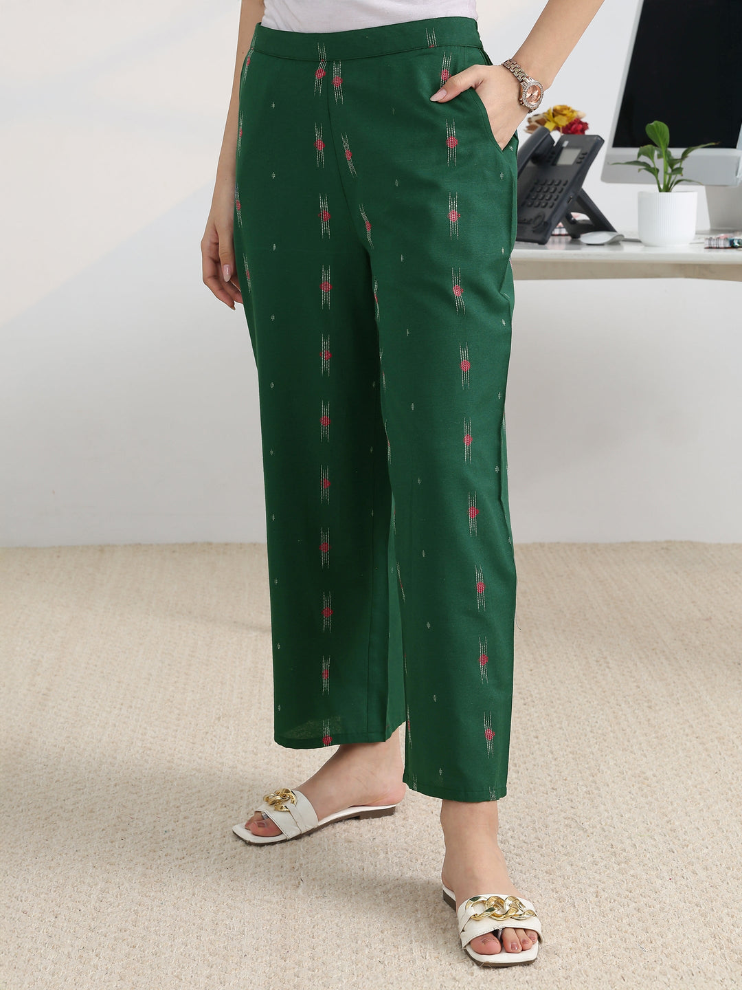 Green Woven Design Cotton Blend Straight Kurta Set