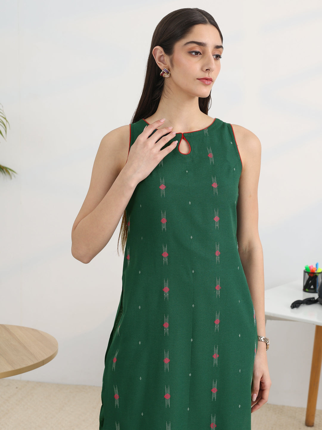 Green Woven Design Cotton Blend Straight Kurta Set
