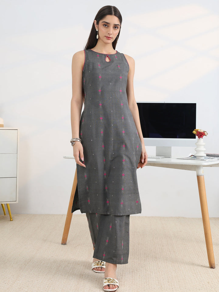 Grey Woven Design Cotton Blend Straight Kurta Set