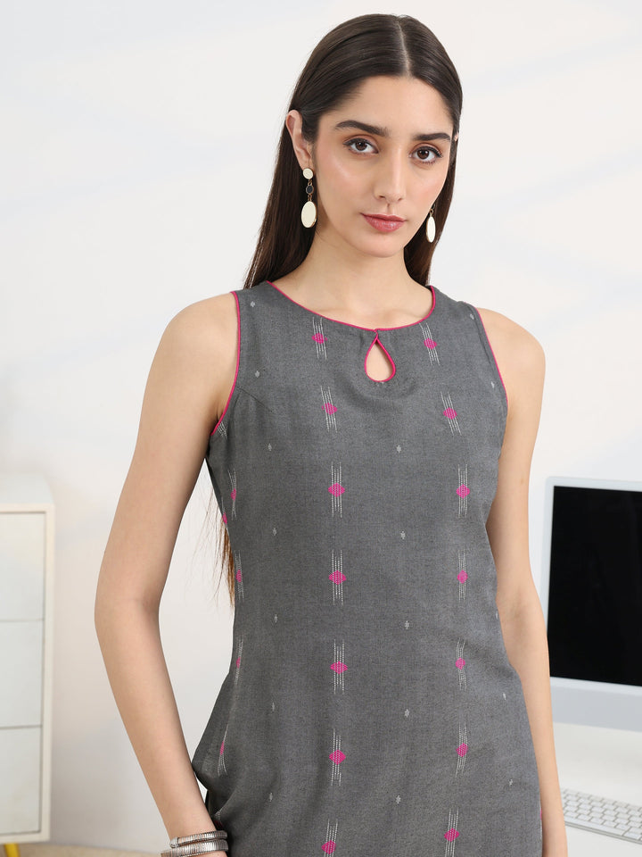 Grey Woven Design Cotton Blend Straight Kurta Set