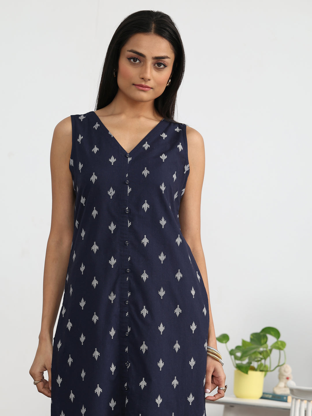 Navy Blue Floral Printed Cotton Blend Straight Kurta Set