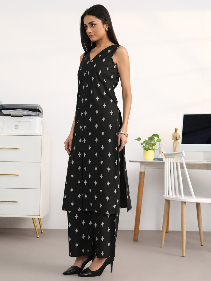 Black Floral Printed Cotton Blend Straight Kurta Set