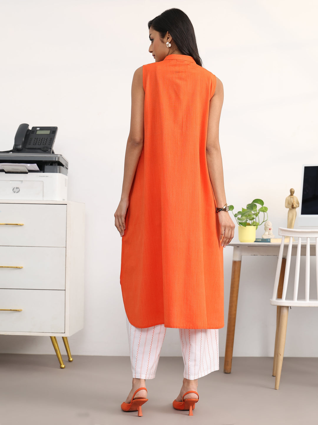 Orange Solid Cotton Blend A-Line Kurta Set