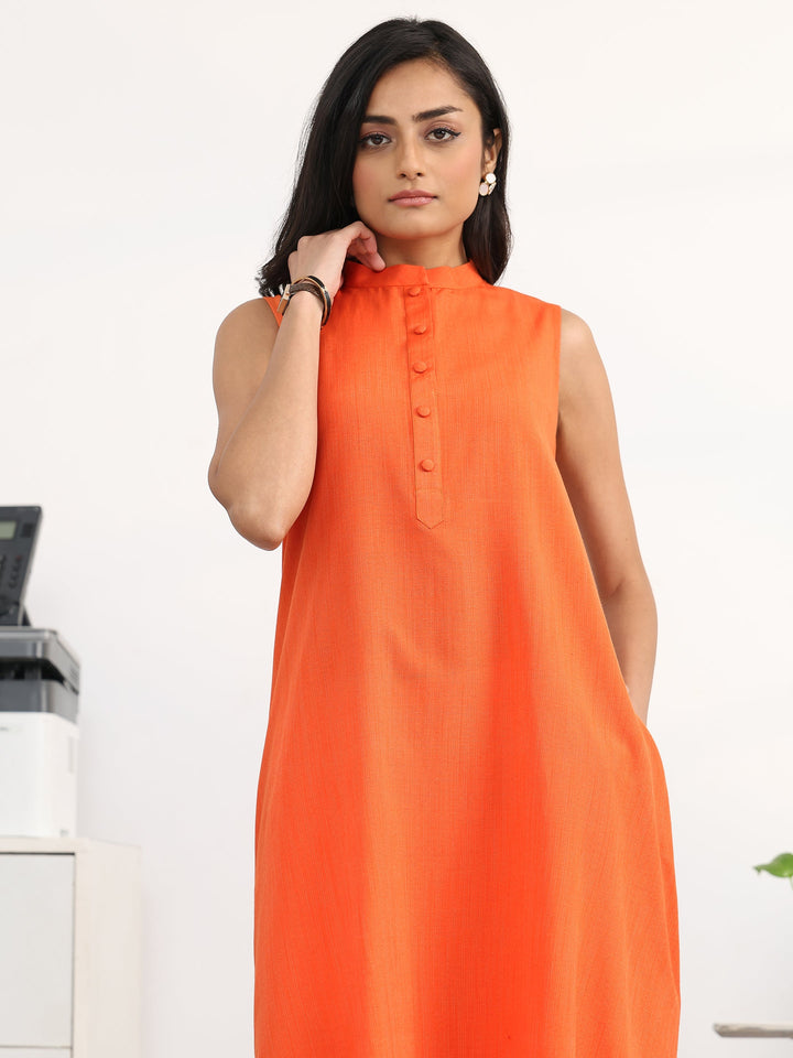 Orange Solid Cotton Blend A-Line Kurta Set