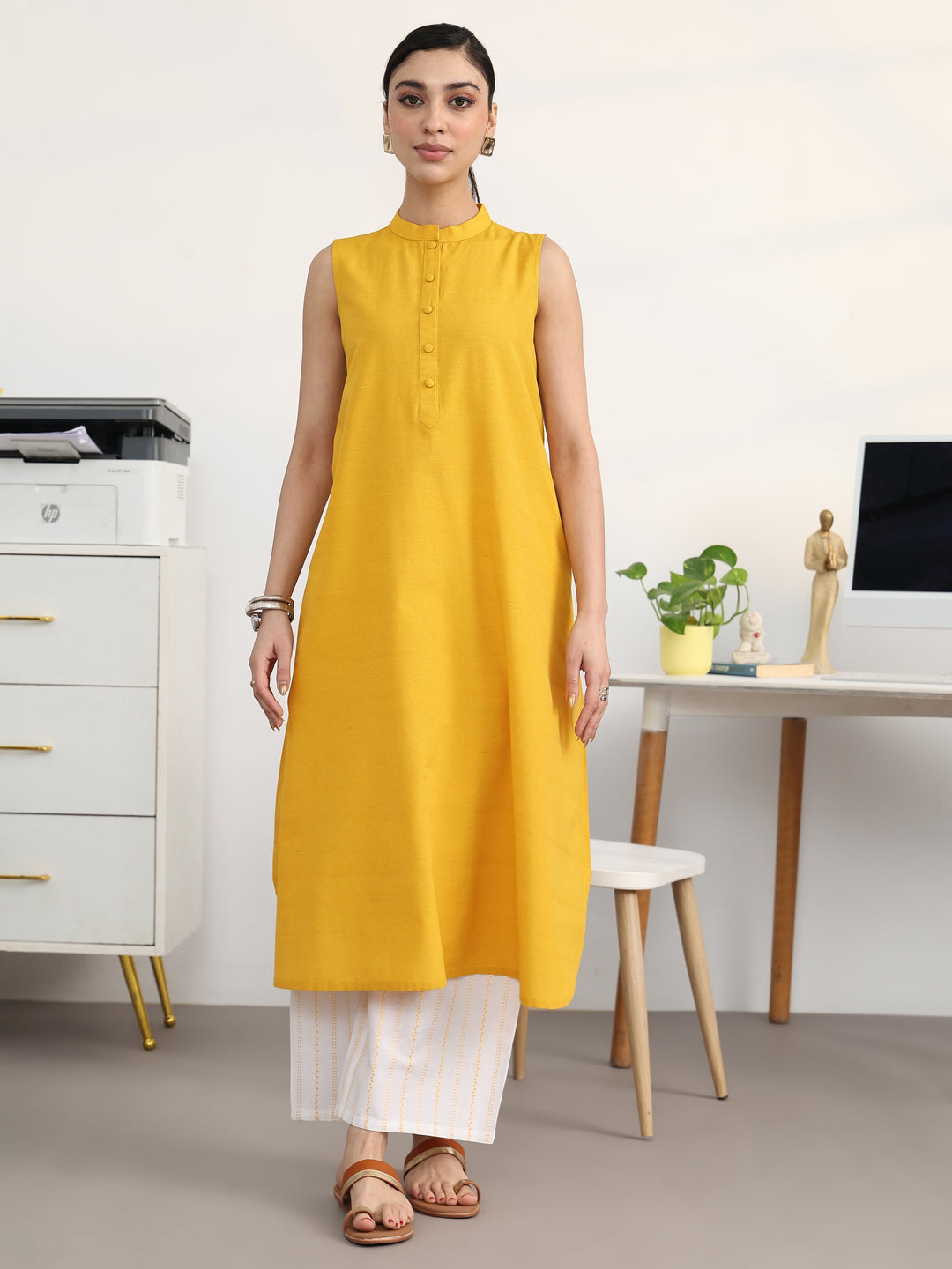 Mustard Solid Cotton Blend A-Line Kurta Set