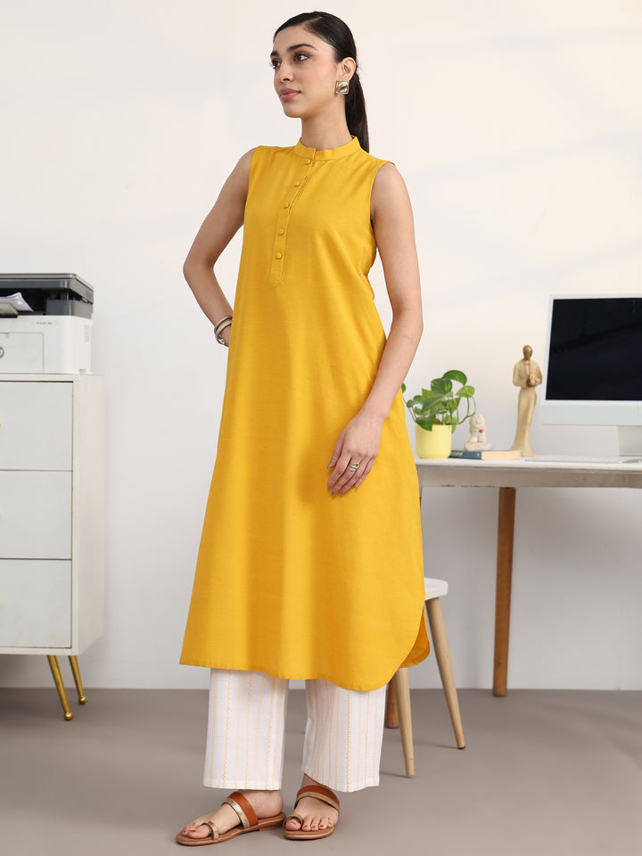 Mustard Solid Cotton Blend A-Line Kurta Set