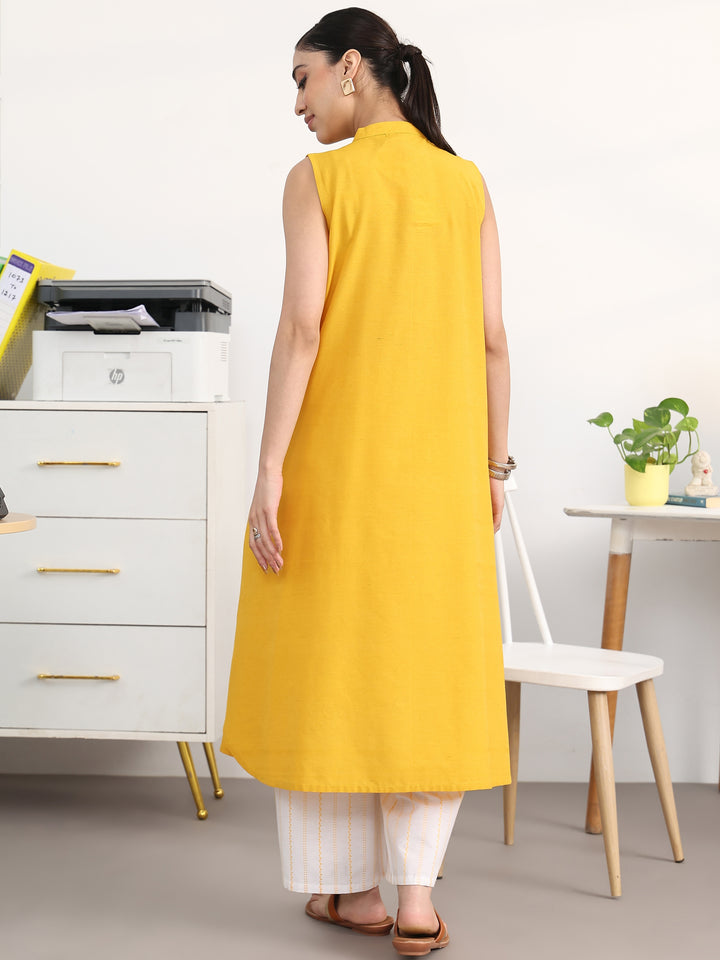 Mustard Solid Cotton Blend A-Line Kurta Set