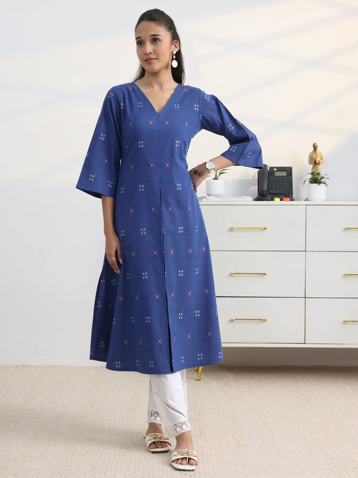 Blue Woven Design Cotton Blend A-Line Kurta Set
