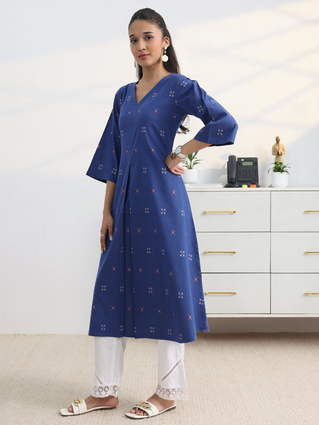 Blue Woven Design Cotton Blend A-Line Kurta Set