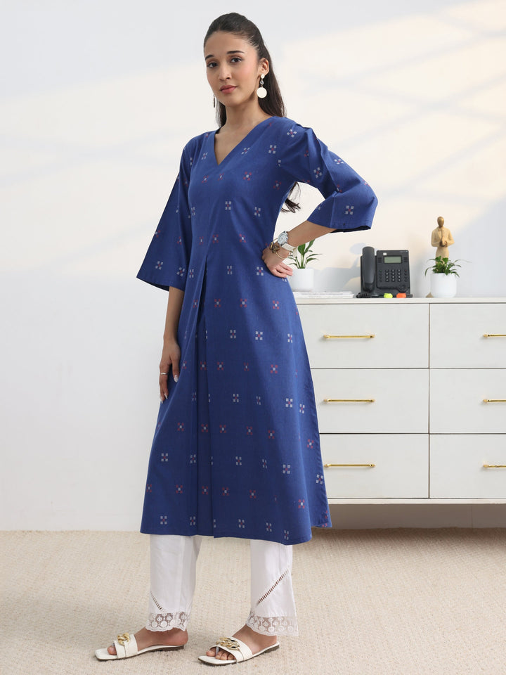 Blue Woven Design Cotton Blend A-Line Kurta Set