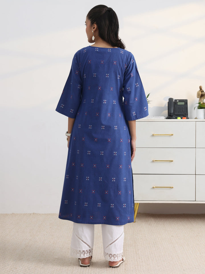 Blue Woven Design Cotton Blend A-Line Kurta Set