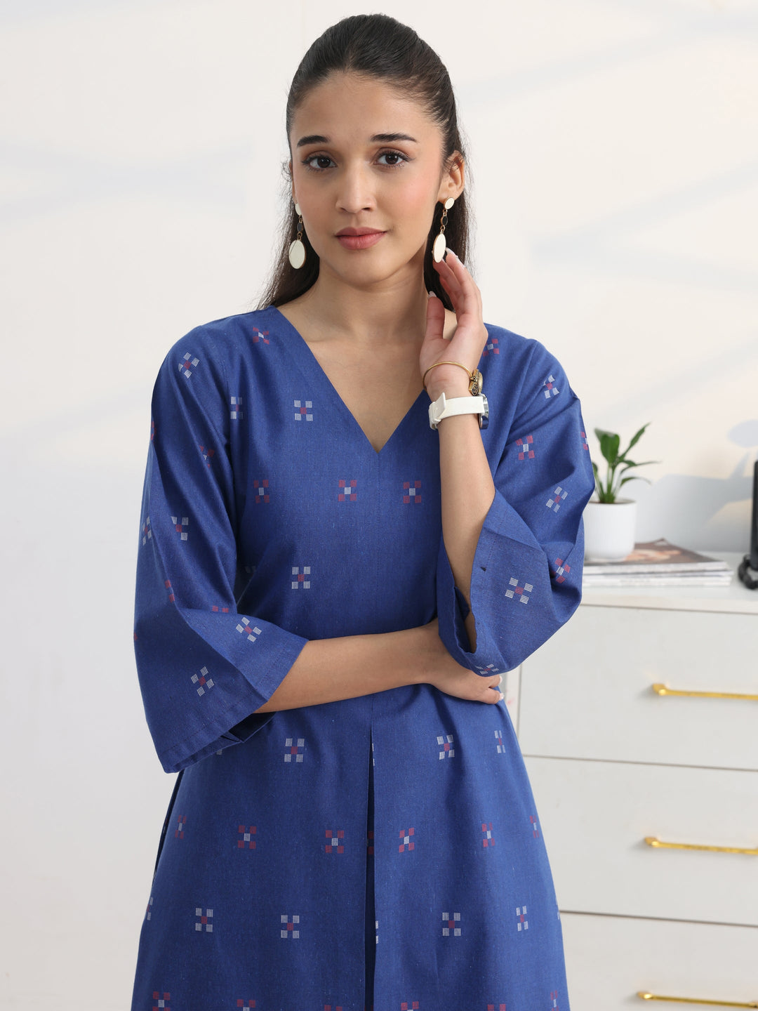 Blue Woven Design Cotton Blend A-Line Kurta Set