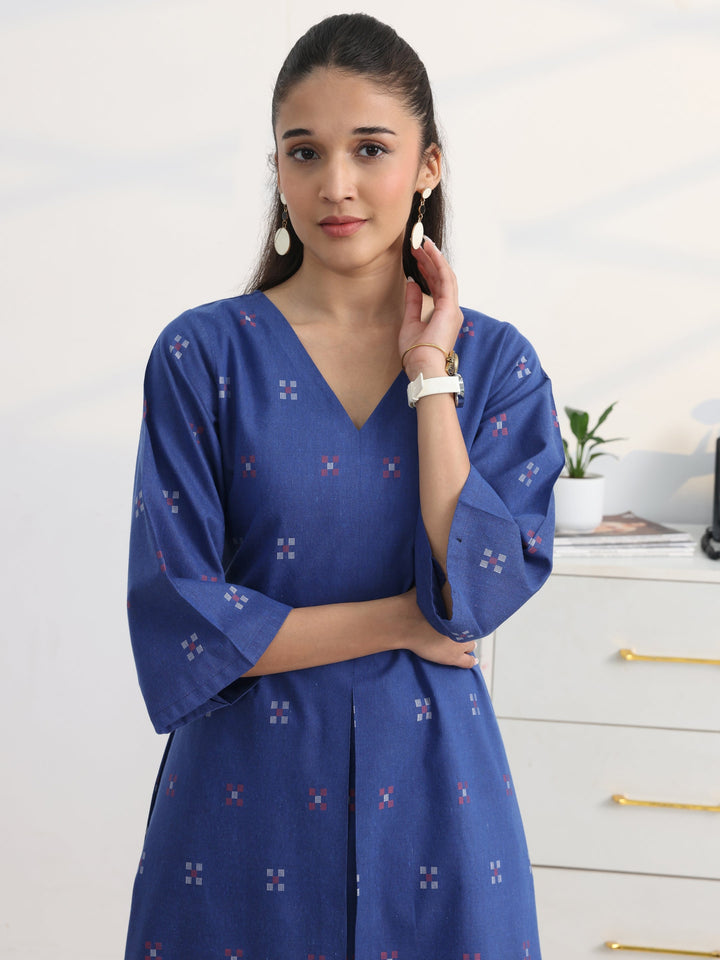 Blue Woven Design Cotton Blend A-Line Kurta Set