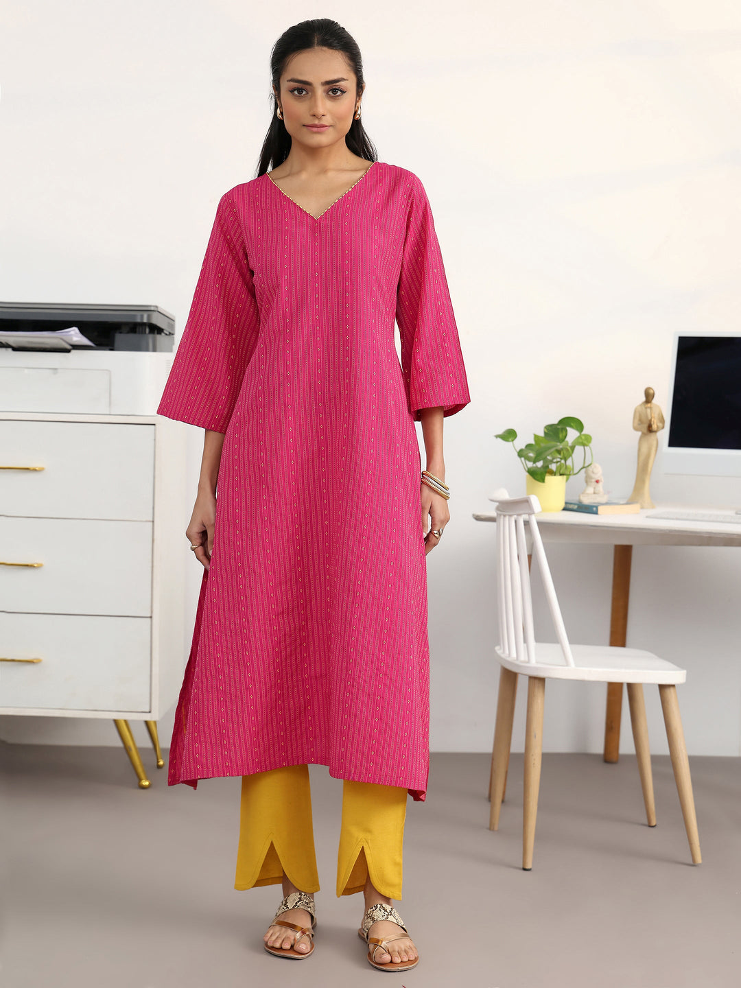 Pink Woven Design Cotton Blend A-Line Kurta Set